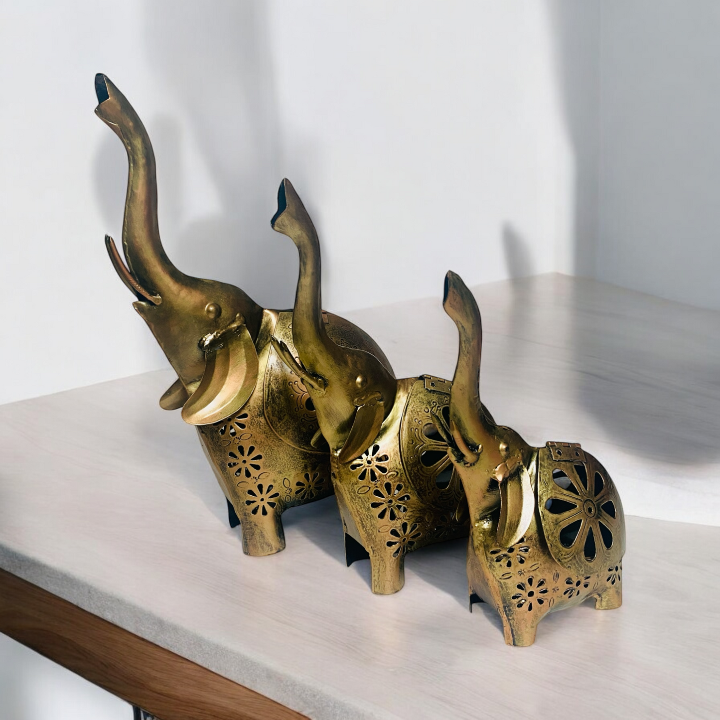 Elephant Showpiece Statue Golden Colour Tea Light Candle Holder Set of 3