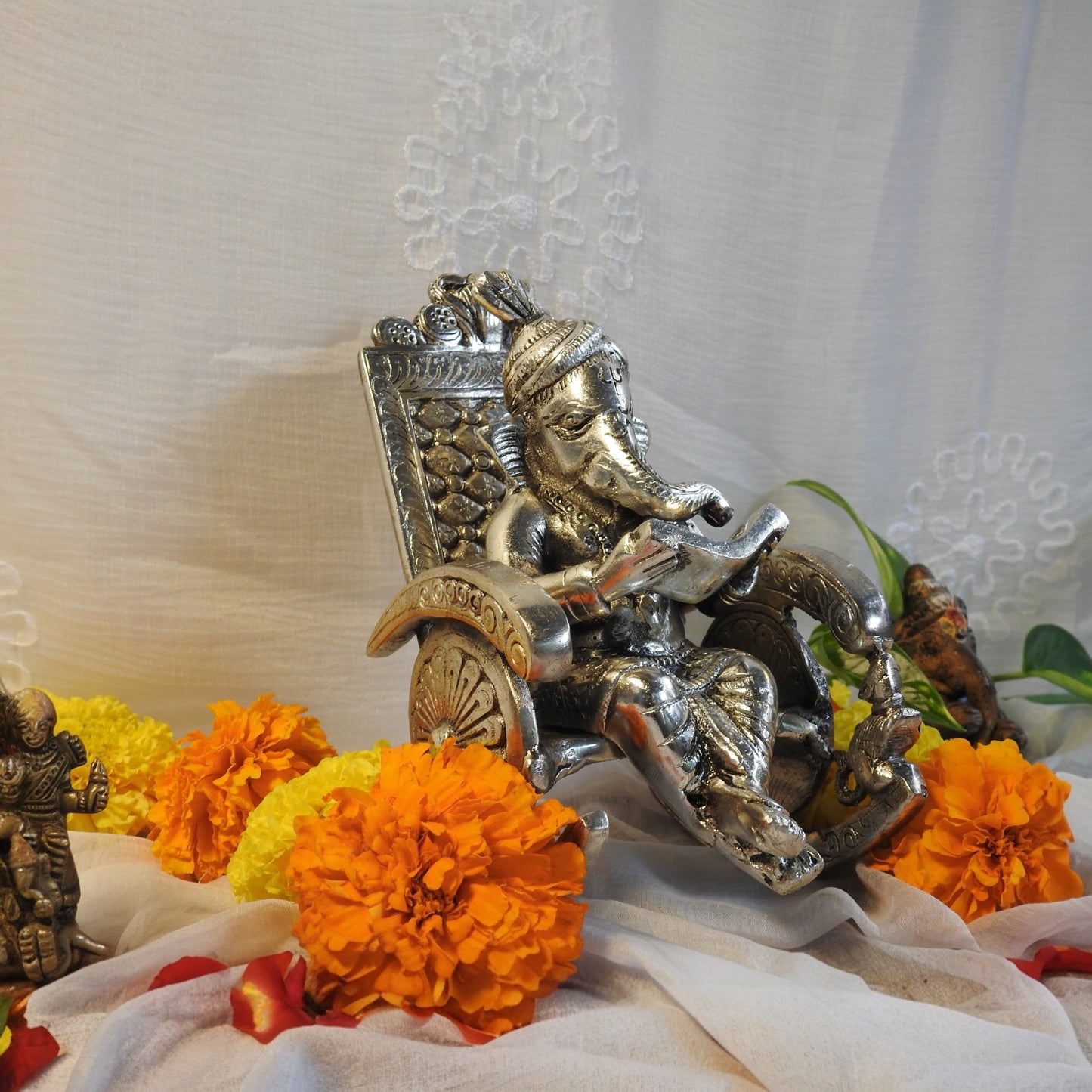 White Whale Lord Ganesha Statue Sitting On Chair Handcrafted