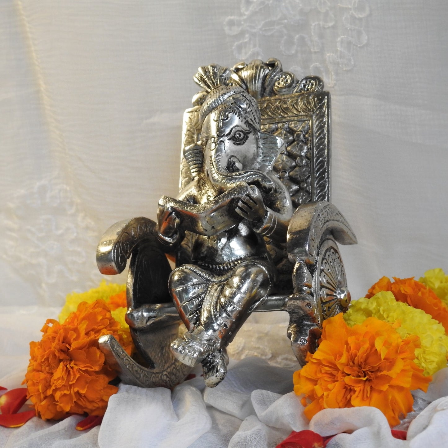 White Whale Lord Ganesha Statue Sitting On Chair Handcrafted