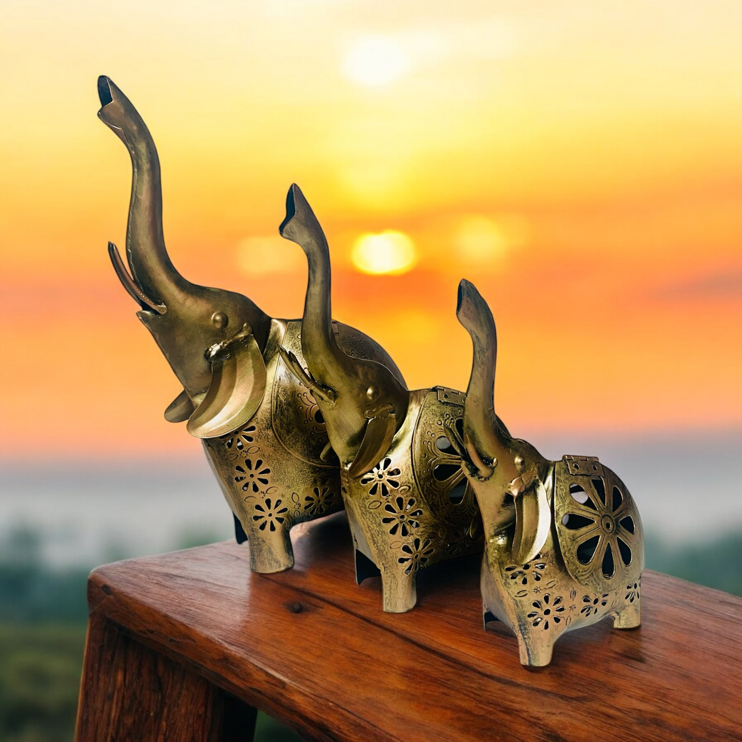 Elephant Showpiece Statue Golden Colour Tea Light Candle Holder Set of 3