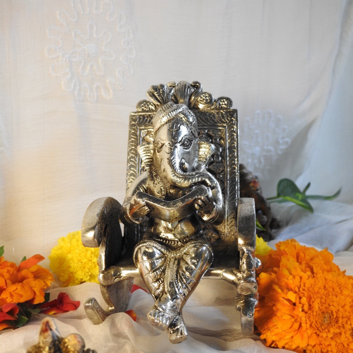 White Whale Lord Ganesha Statue Sitting On Chair Handcrafted