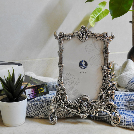 Handicraft White Metal Photo Frame Antique Silver  Floral Hand Craving Small Size