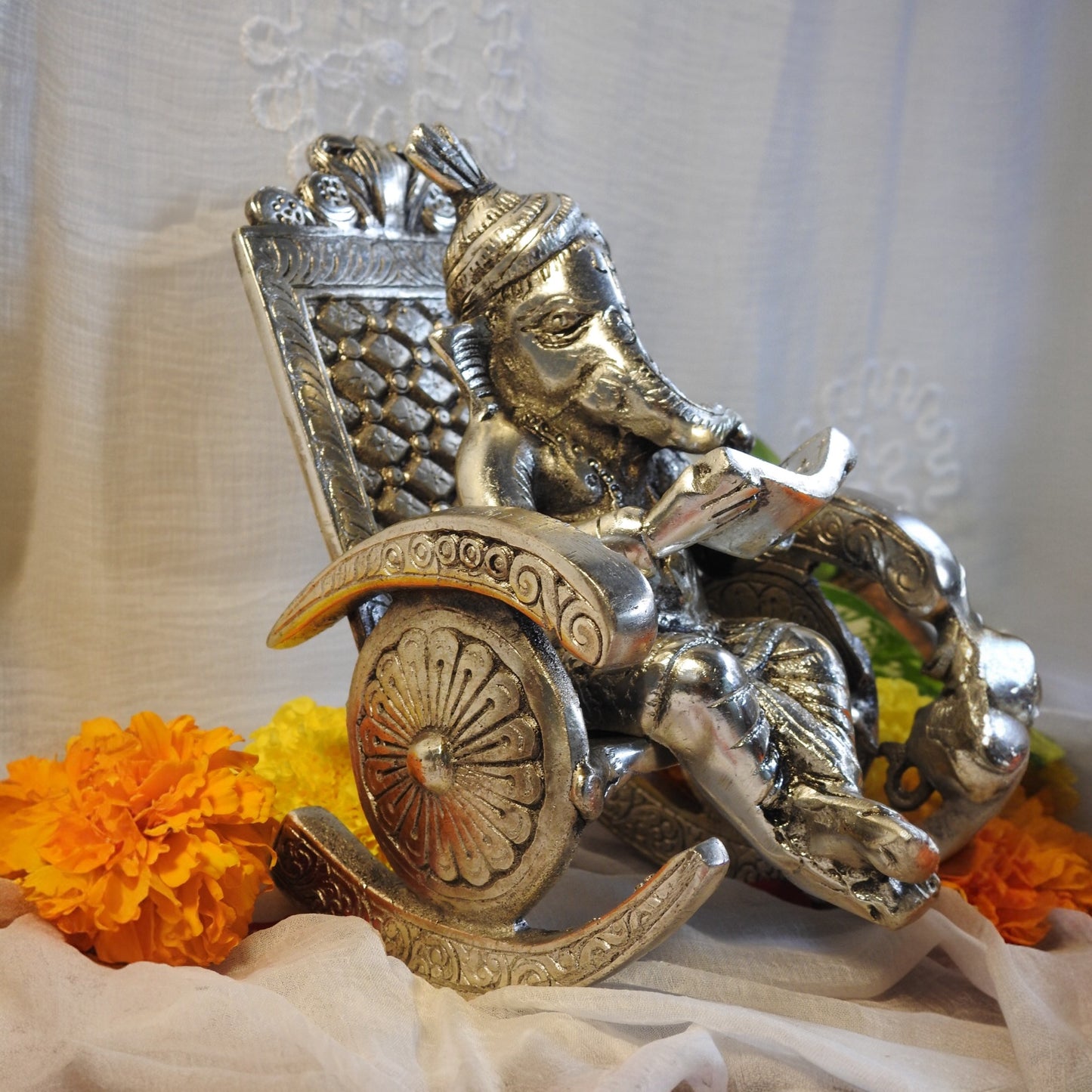 White Whale Lord Ganesha Statue Sitting On Chair Handcrafted