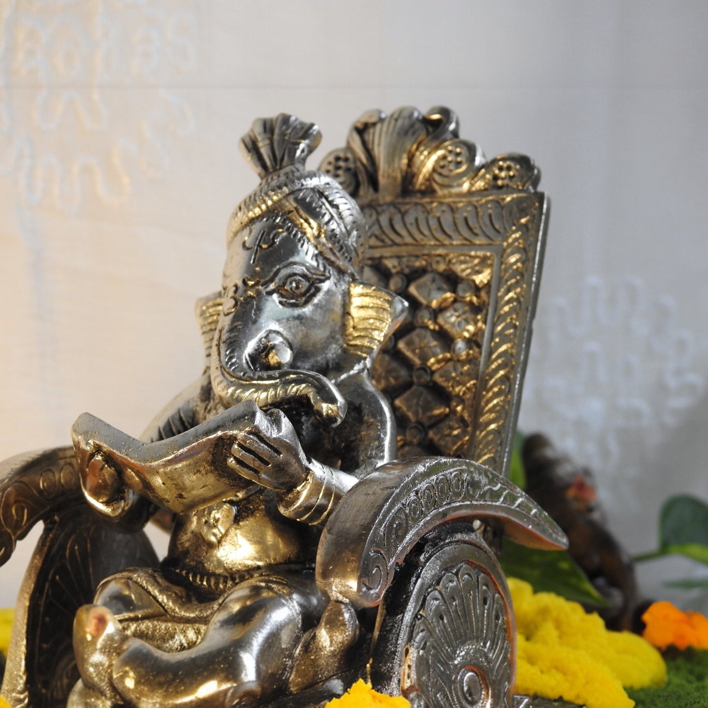 White Whale Lord Ganesha Statue Sitting On Chair Handcrafted